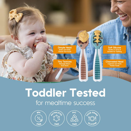 NumNum Baby Spoons Set, Feeding Littles x Silicone Pre-Spoon GOOtensils for Kids Aged 6+ Months - First Stage, Baby Led Weaning (BLW), Teething Spoon - Toddler Utensils - 3 Spoons, Neutrals NumNum