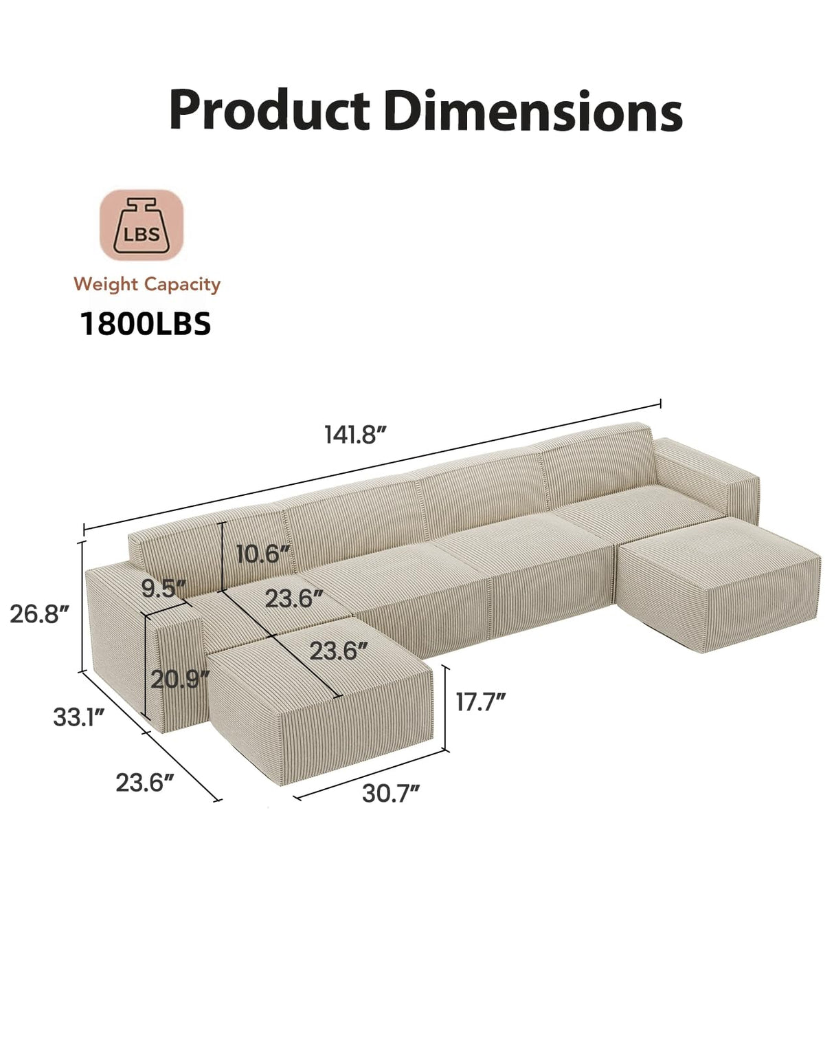 AMADA 142" Sectional Couch with L-Shape Chaise,Corduroy Cloud Couches with Deep Seats &High-Back,Upholstered Couches for Living Room Bedroom with Ottoman,No Assembly Required（4-seater&2 Ottoman，Beige） AMADA HOMEFURNISHING