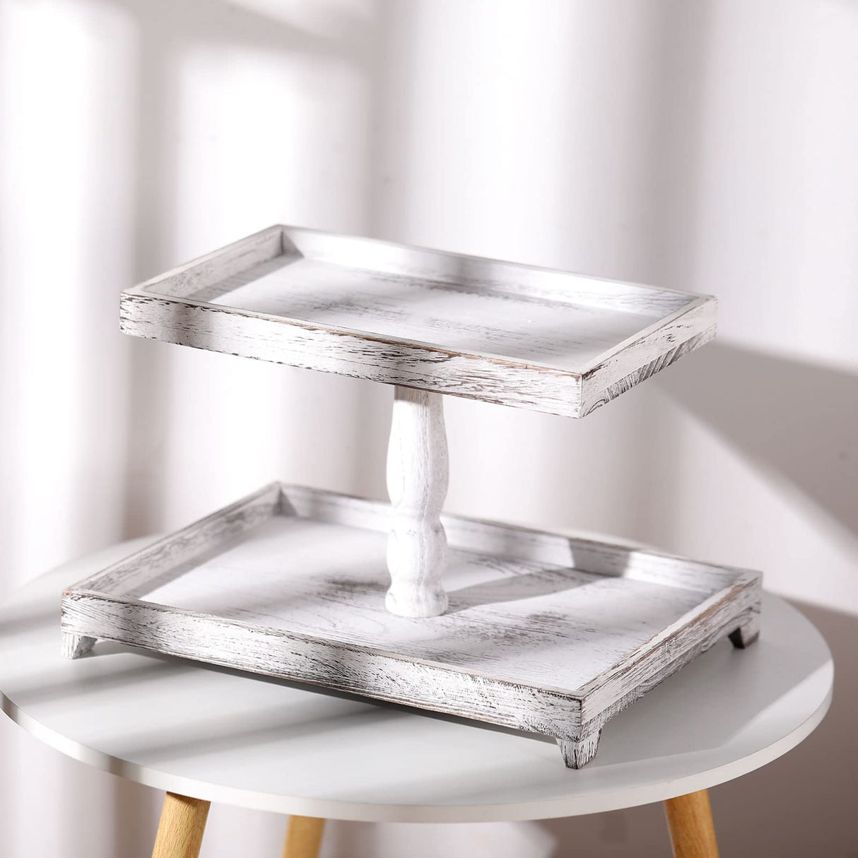 Farmhouse Tiered Tray Stand Wooden Rustic 2 Tier Tray Stand Rectangular Tray Serving Two Tiered Tray Stand for House Kitchen Cake (White) Yalikop