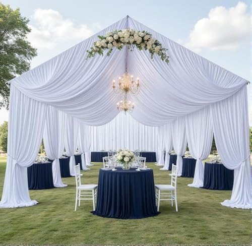 Htper 4 Panels 5x20ft White Ceiling Drapes for Wedding Parties, Wrinkle Free 20ft Long Thick Polyester Wedding Draping Tent Ceiling Curtains Arch Drapery for Birthday Party Tent Canopy Decor Htper