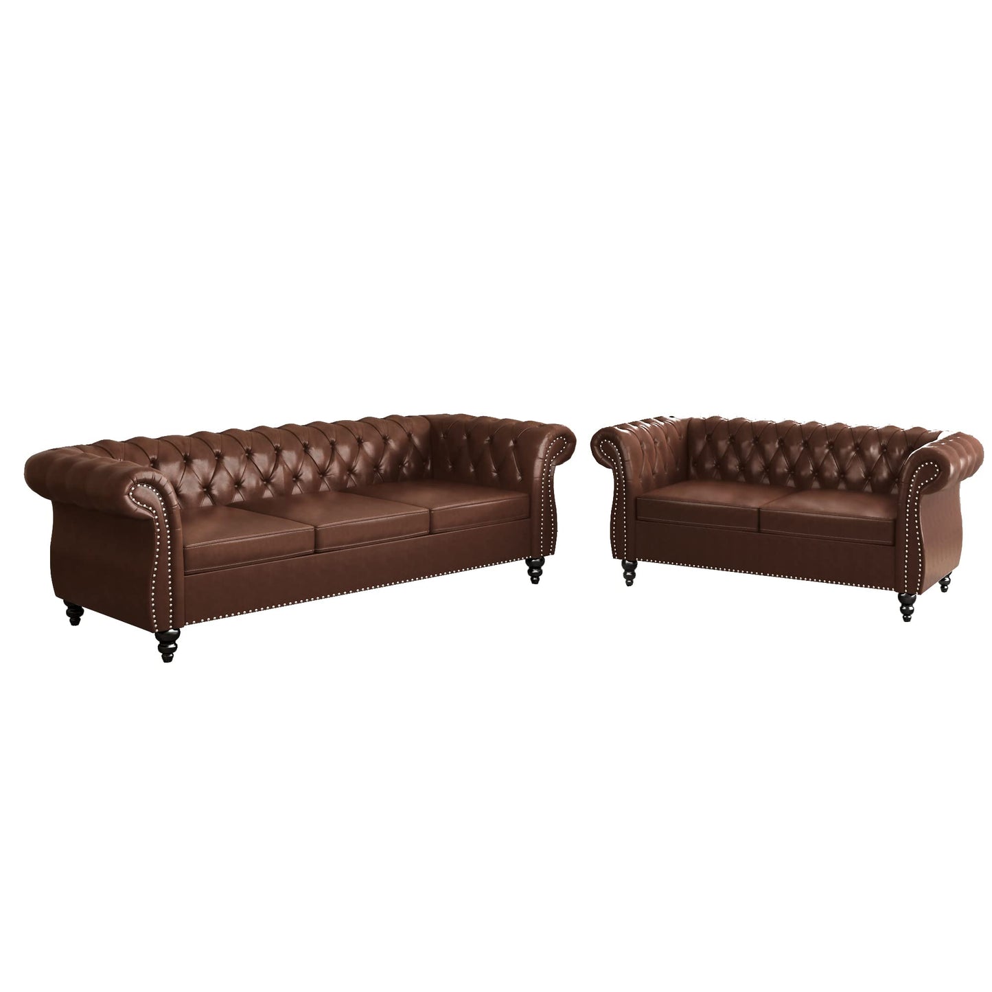 2 Piece Living Room Set, Chesterfield Leather Sofa Loveseat Couch with Scroll Arms and Nailhead for Living Room, Office (Dark Brown)