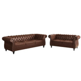 2 Piece Living Room Set, Chesterfield Leather Sofa Loveseat Couch with Scroll Arms and Nailhead for Living Room, Office (Dark Brown) ORRD