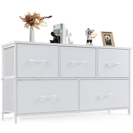 DUMOS Dresser for Bedroom, 5 Storage Drawers, Wide Fabric Closet Chests Organizer Tower Furniture with Wooden Top Metal Frame for Clothes, Guest Room, Living Room, Hallway, Entryway DUMOS