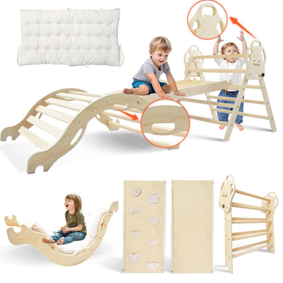 Pikler Triangle Set 7in1 Montessori Foldable Wooden Baby Climbing Toys for Toddlers 18months-6years Inside Jungle Play Gym for Kids,Indoor Playground with Ramp,Arch and Ladder