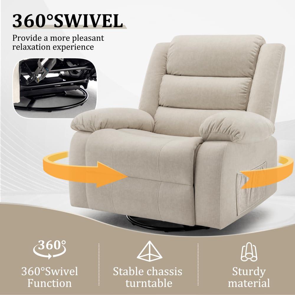 Korser Recliner Chair, Wide Rocker Chair, Rocking Chair with Massage and Heat,360°Swivel Nursery Rocking Chairs, Oversized Recliner for Adults, Cashmere Reclining Sofa for Living Room, Beige Korser