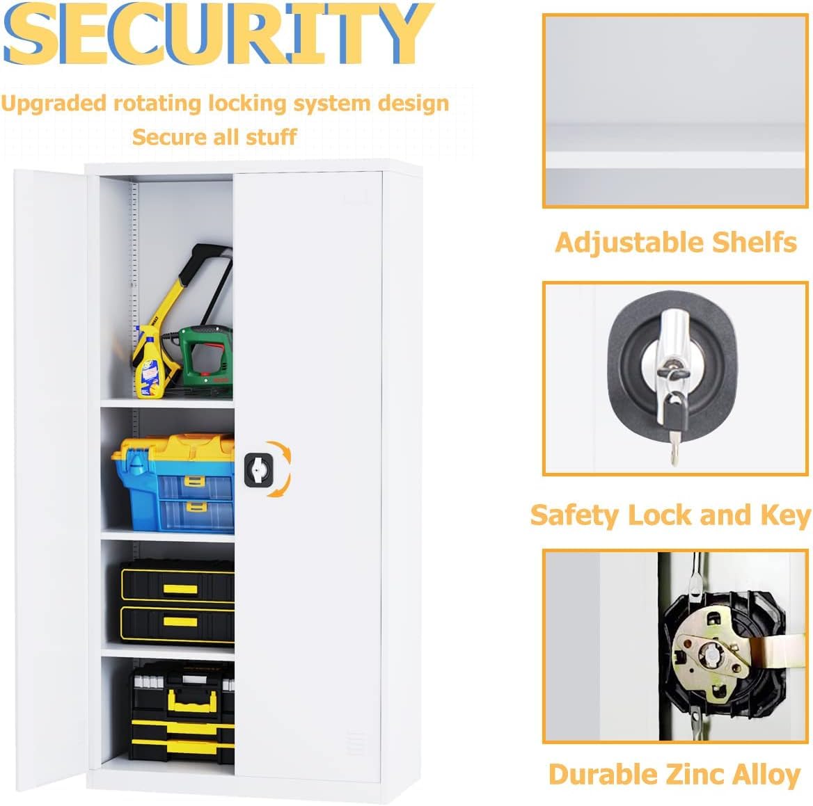 Metal Garage Storage Cabinet, 72" Tall Steel File Cabinet with 2 Lockable Doors and Adjustable Shelves, Utility Heavy Duty Tool Cabinet for Warehouse, Garages, Offices, Kitchens, Gyms, Milky White EazeHome