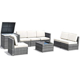 Tangkula 8 PCS Outdoor Patio Furniture Set, Rattan Wicker Sofa Set, Sectional Sofa Couch Conversation Set w/Storage Table and 12 Zippered Cushions for Garden Backyard Poolside (White) Tangkula