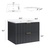 ONBRILL 24 Inch Bathroom Vanity with Sink Combo, Floating Bathroom Vanity with 2 Fluted Drawer & Metal Handles, Modern Wall Mount Bathroom Cabinet with Ceramic Integrated Sink for Small Space (Black) ONBRILL