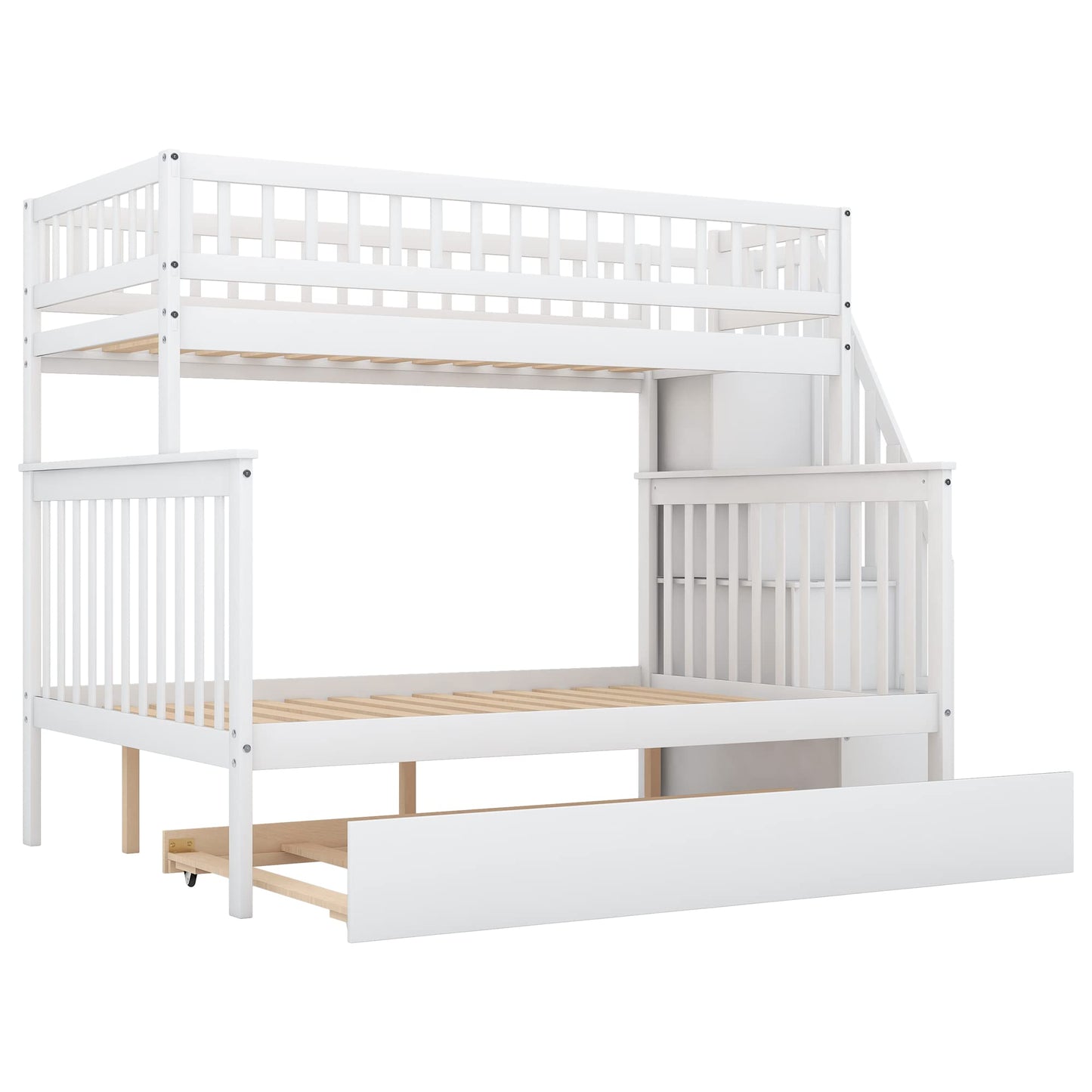 CITYLIGHT White Twin Over Full Bunk Bed with Trundle and Storage Stairway - WoodArtSupply