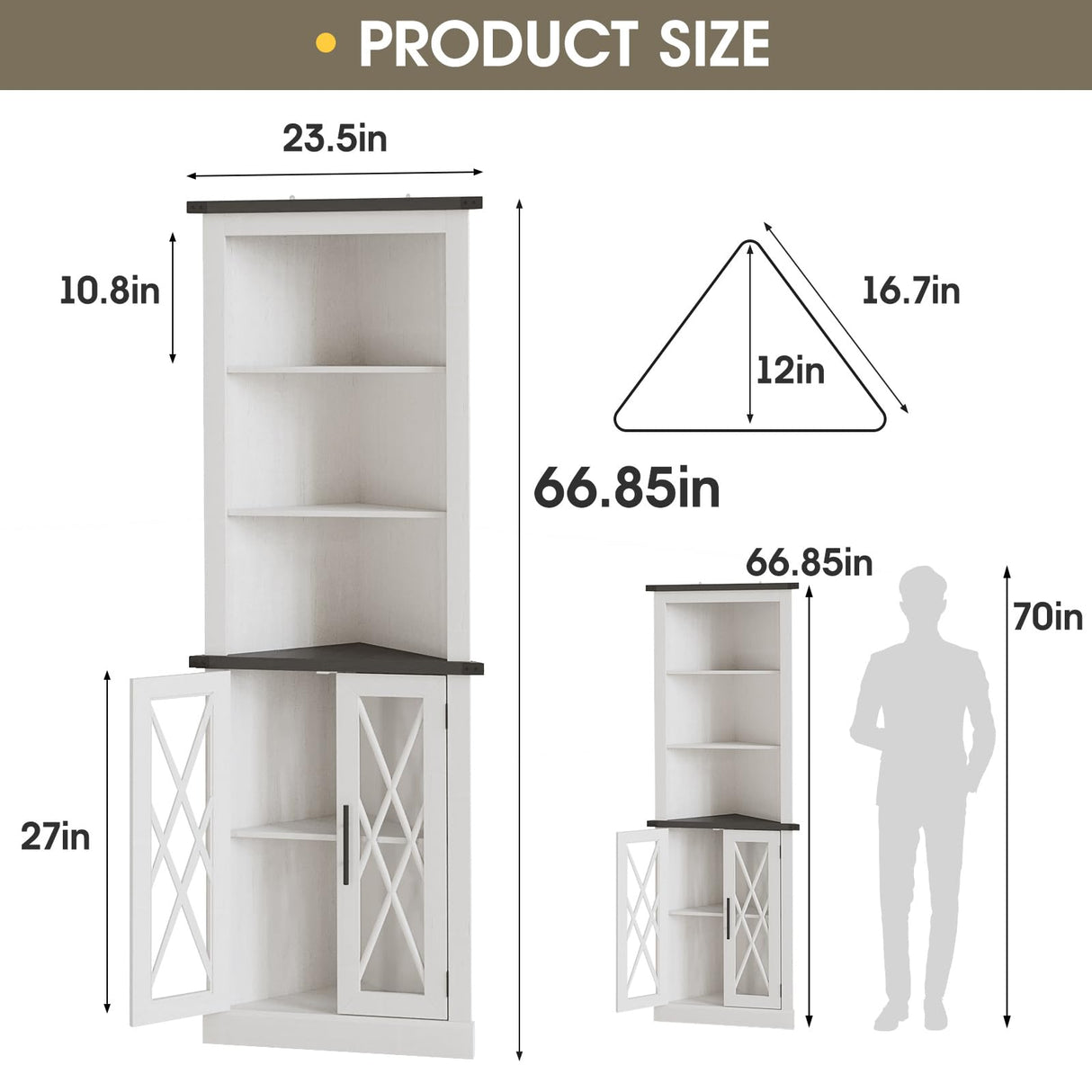Maupvit 66.8" Tall Corner Cabinet with 2 Glass Doors, Modern Storage Cabinet with Adjustable Shelves, Corner Display Cabinet for Living Room, Bathroom, Hallway, Retro White Maupvit