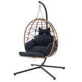 Hanging Egg Chair with Stand & Leg Rest,Rattan Wicker Swing Chair with Cushion, Patio Basket Hanging Chair Wicker Hammock Chair for Indoor Outdoor Bedroom Garden,300LBS (Yellow Rattan&Black Cushion) FKSLIFE