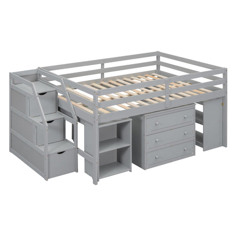 Harper & Bright Designs Grey Full Low Loft Bed with Storage, Stairs, and Rolling Desk Harper & Bright Designs