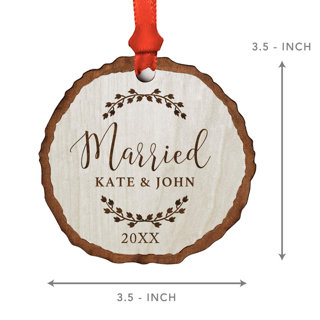 Andaz Press Personalized Wedding Engagement Real Wood Rustic Farmhouse Keepsake Christmas Ornament, Engraved Wood Slab, Married, Kate & John 2024, Rustic Laurel Leaves, 1-Pack, Custom Name - WoodArtSupply