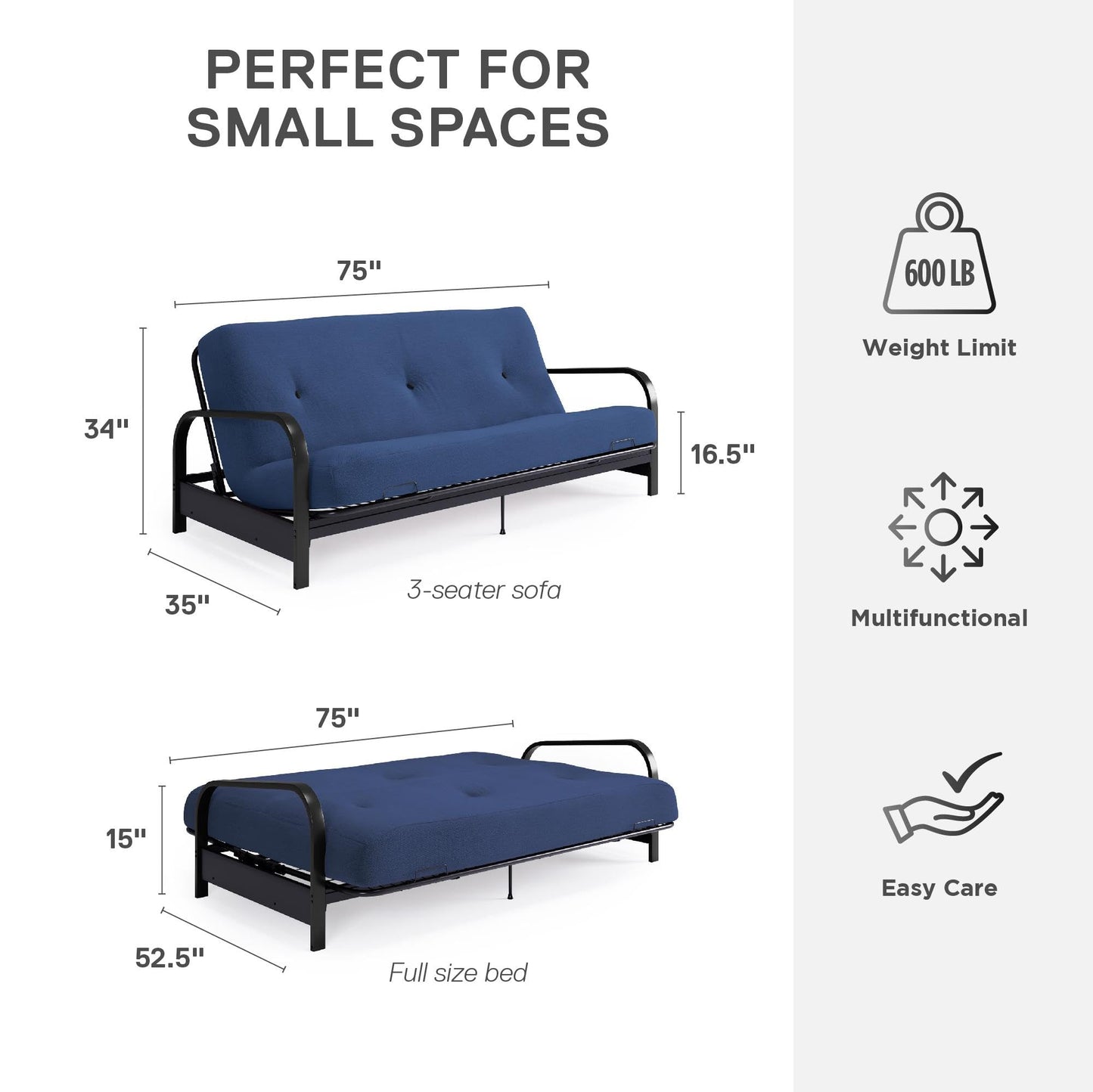 DHP Cleo Futon Set with Black Metal Sofa Bed Frame and 6" Mattress, Full Size, Blue