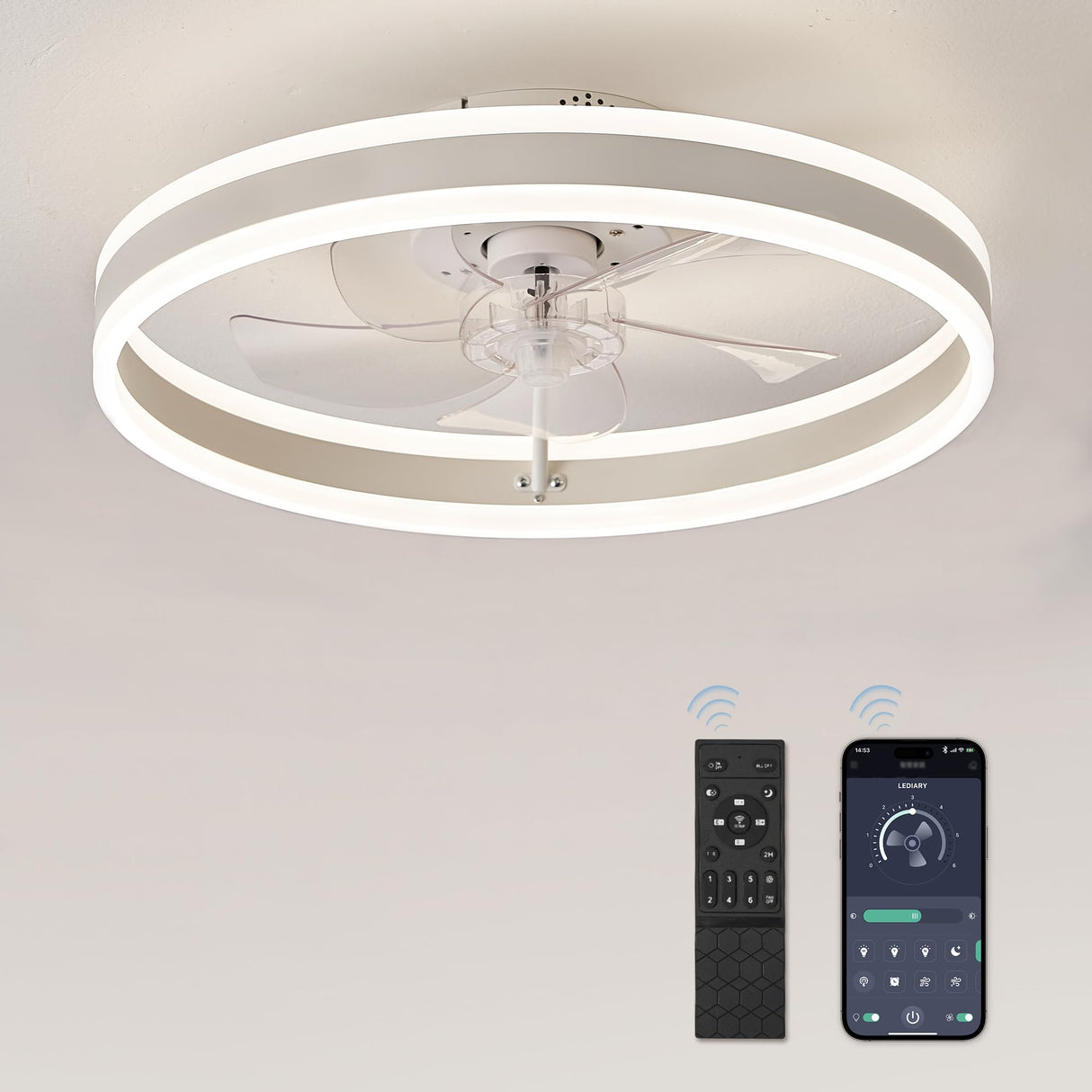 LEDIARY Low Profile Ceiling Fans with Lights, Flush Mount Modern Ceiling Fan and Remote Control, 19.7" LED Ceiling Fans, Stepless Dimmable 3 Colors and 6 Speeds - White LEDIARY