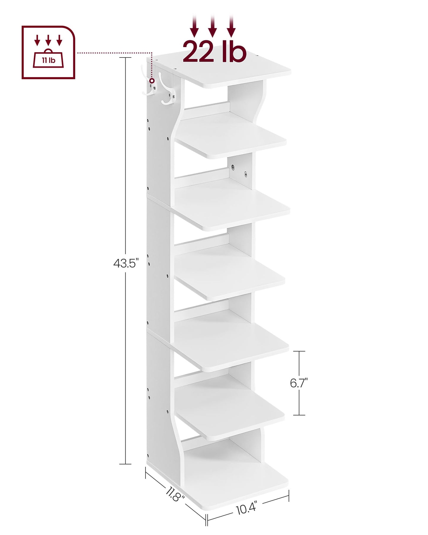 VASAGLE 7-Tier Vertical Shoe Rack, Narrow Shoe Storage Organizer with Hooks, Slim Corner Shoe Tower Rack, Space Saving for Entryway and Bedroom, White ULBS200T14