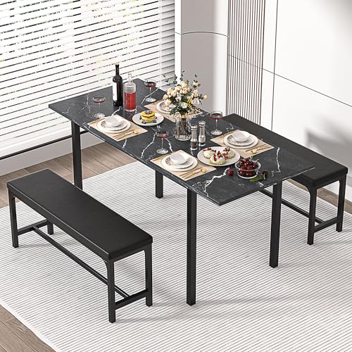 VECELO 3-Piece 63" Extendable Kitchen Table with Benches/Chairs, Modern Breakfast Dinette/Dining Room Set for 4/6/2, Small Space Saving Design, Easy Assembly VECELO