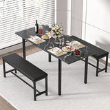 VECELO 3-Piece 63" Extendable Kitchen Table with Benches/Chairs, Modern Breakfast Dinette/Dining Room Set for 4/6/2, Small Space Saving Design, Easy Assembly VECELO