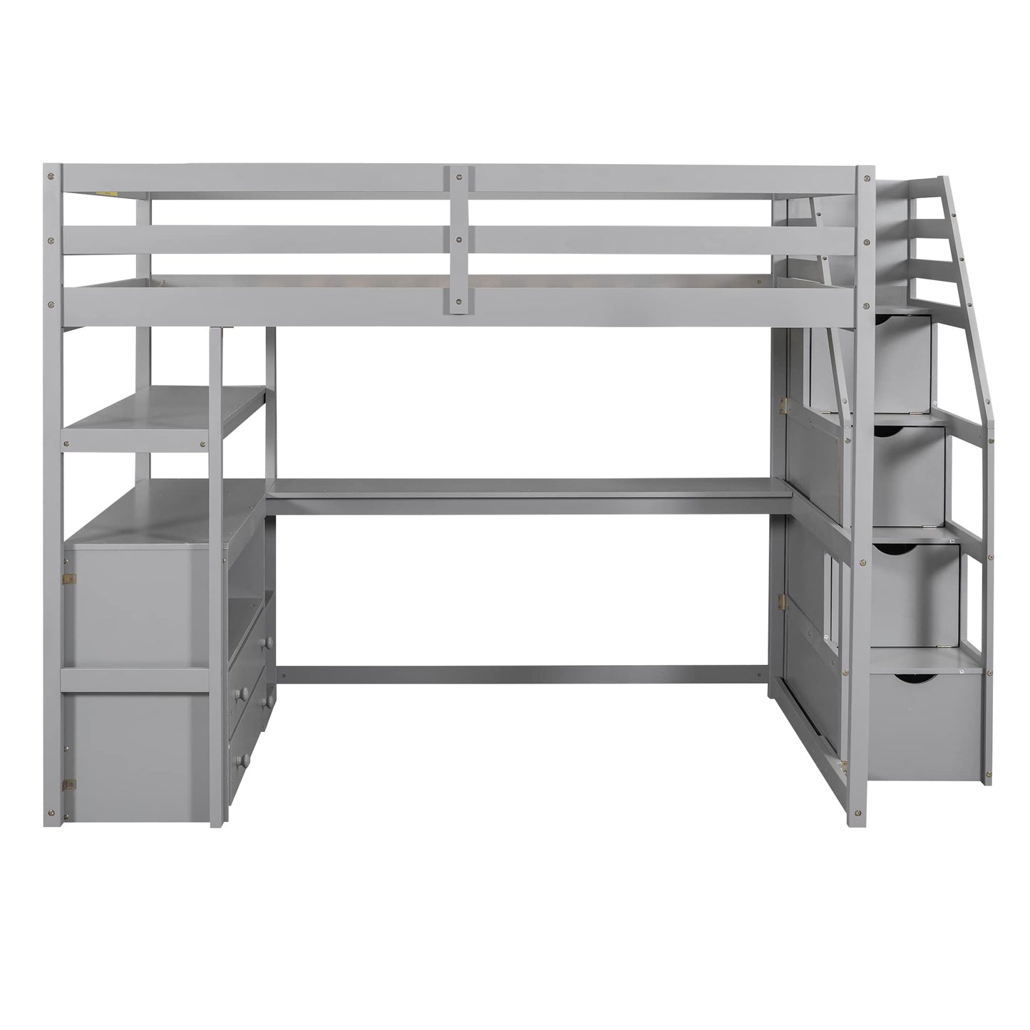 Merax Full Size Loft Bed with L-Shaped Desk, Storage Drawers, and Staircase in Grey - WoodArtSupply