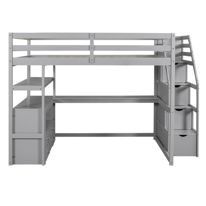 Merax Full Size Loft Bed with L-Shaped Desk, Storage Drawers, and Staircase in Grey - WoodArtSupply