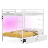 IKIFLY Full Over Full Bunk Beds with 2 Storage Drawers, Heavy Duty Metal Bunk Bed with LED Lights and Charging Station, Safety Guardrail & 2 Ladders, Space-Saving, No Box Spring Needed, White IKIFLY