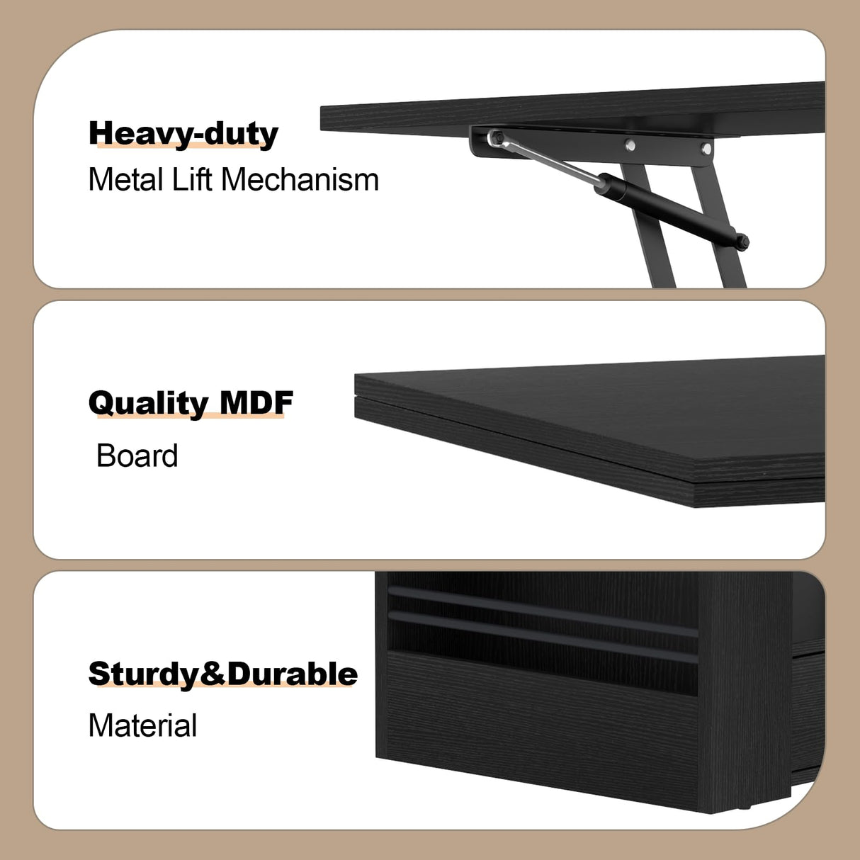 Lift Top Coffee Table, 4 in 1 Multi-Function Coffee Table with Storage Shelf and Hidden Compartment, Center Table with Large Drawers, Converts to Dining Table for Living Room, Home Office (Black) Gyfimoie