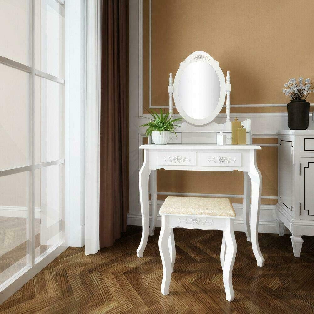 White Vanity Jewelry Makeup Dressing Table Set W/Stool 4 Drawer Mirror Wood Desk - WoodArtSupply