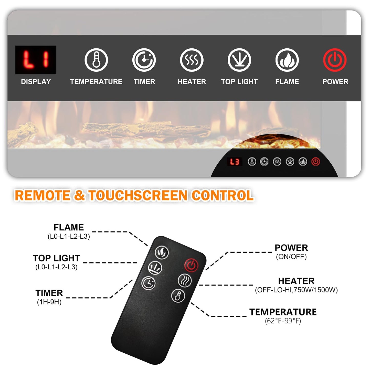 Mystflame 72 inch Electric Fireplace - Ultra Slim Frame - in Wall Recessed & Wall Mounted - Multicolor Flame - Log & Crystal Hearth - 1500/750 Watt Heater - Remote Control & Touch Screen- Timer