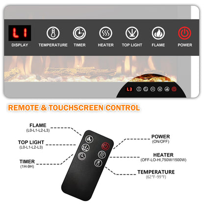 Mystflame 72 inch Electric Fireplace - Ultra Slim Frame - in Wall Recessed & Wall Mounted - Multicolor Flame - Log & Crystal Hearth - 1500/750 Watt Heater - Remote Control & Touch Screen- Timer