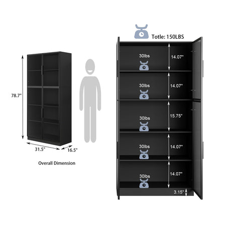 Bobve 5-Tier Elegant Glass Display Cabinet with 4 Doors for Collectibles and Books, 78.7" Tall Bobve