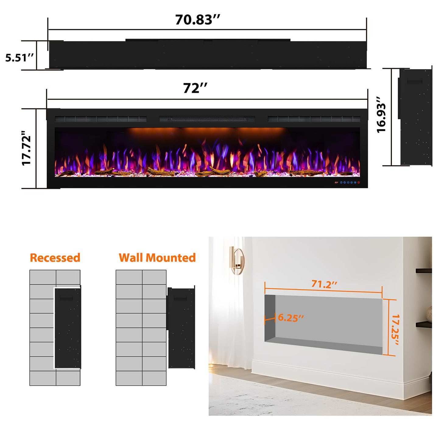 Mystflame 72 inch Electric Fireplace - Ultra Slim Frame - in Wall Recessed & Wall Mounted - Multicolor Flame - Log & Crystal Hearth - 1500/750 Watt Heater - Remote Control & Touch Screen- Timer