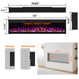 Mystflame 72 inch Electric Fireplace - Ultra Slim Frame - in Wall Recessed & Wall Mounted - Multicolor Flame - Log & Crystal Hearth - 1500/750 Watt Heater - Remote Control & Touch Screen- Timer Mystflame