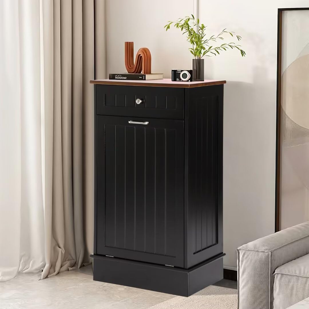 KIGOTY Tilt Out Trash Can Cabinet Wooden Kitchen Single Pull Out Trash Can Under Cabinet,Black KIGOTY