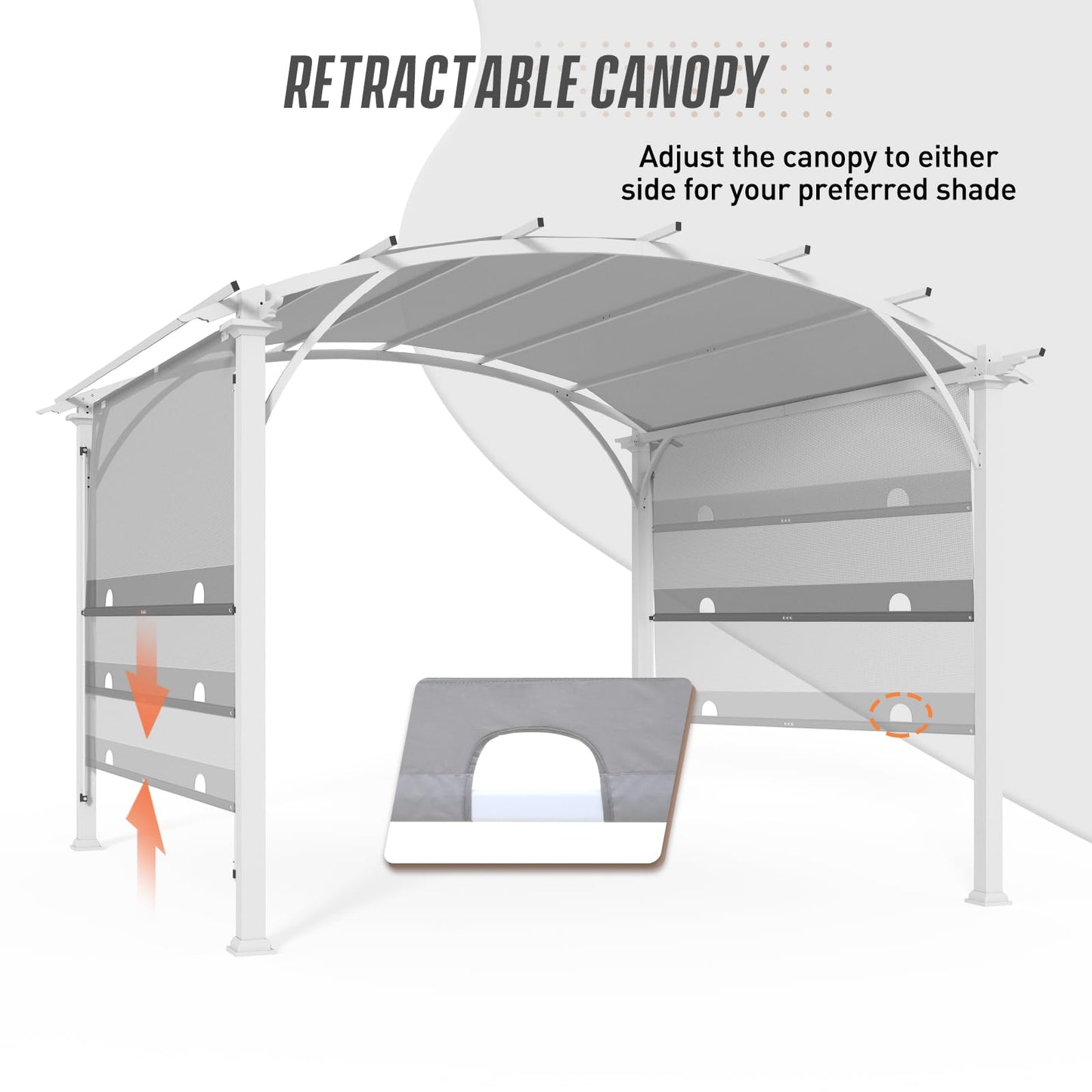 EAGLE PEAK 11.4x11.4 Outdoor Pergola with Retractable Textilene Sun Shade Top, Wood Looking Steel Frame Arch Patio Pergola, Gry