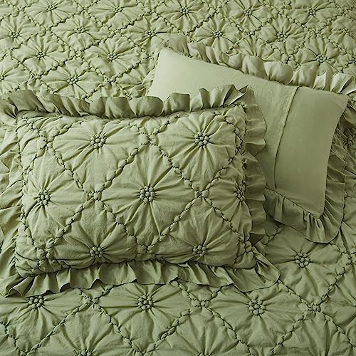BEDAZZLED Queen Size Comforter Sets, Green Bedding Comforter Set, 3 Pieces Pinch Pleat Bedding Sets with Comforter and Pillowcases Soft Farmhouse Shabby Chic Comforter for All Season BEDAZZLED