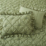 BEDAZZLED Queen Size Comforter Sets, Green Bedding Comforter Set, 3 Pieces Pinch Pleat Bedding Sets with Comforter and Pillowcases Soft Farmhouse Shabby Chic Comforter for All Season BEDAZZLED