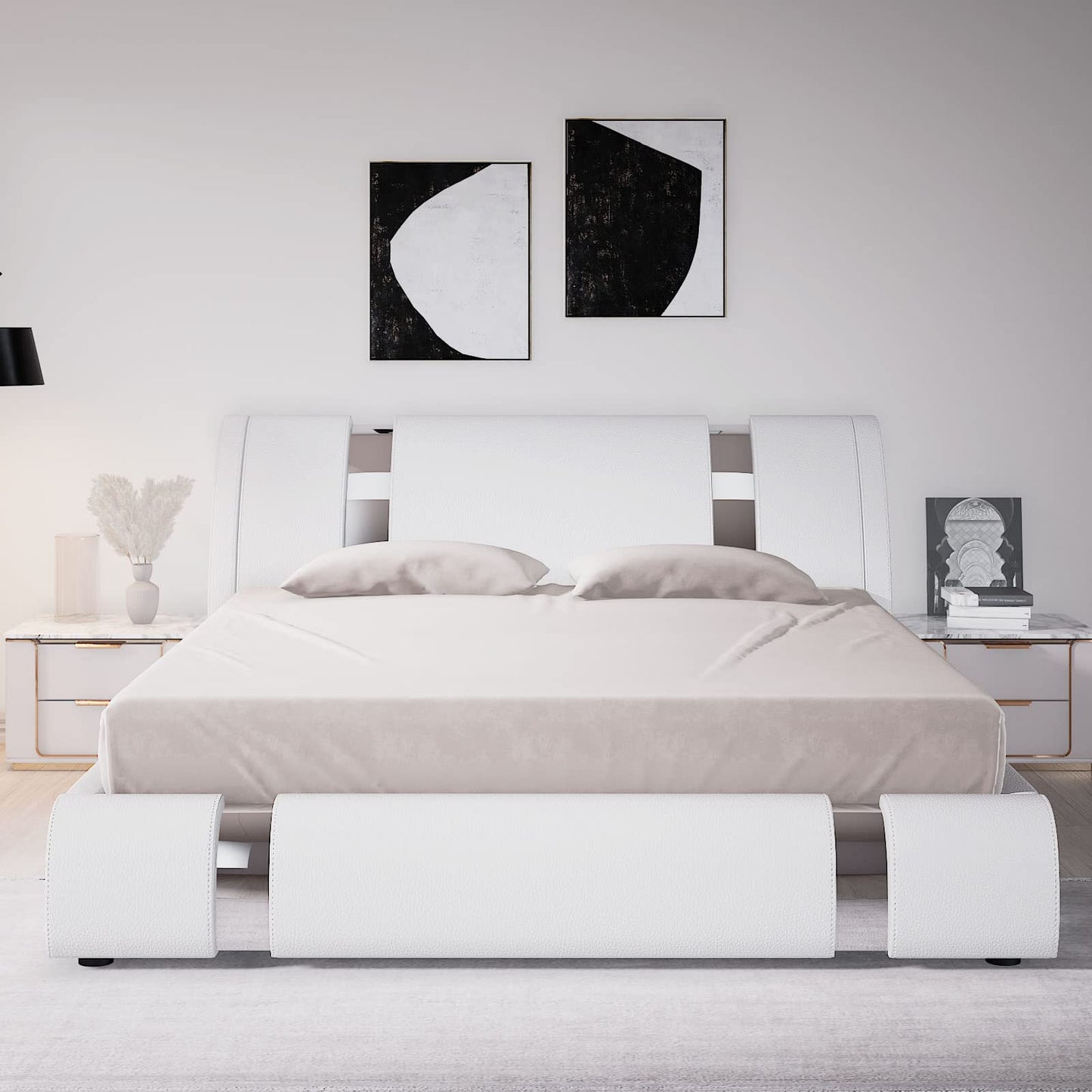 Stylish Allewie King Size Faux Leather Bed Frame with Curved Adjustable Headboard, Modern White Design - WoodArtSupply