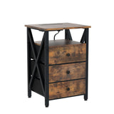 AMHANCIBLE Night Stand Set 2, LED Nightstand with Charging Station, End Side Tables with USB Port & Outlet, Bedside Tables with Fabric Drawers for Bedroom Living Room, Rustic Brown HET053LBR AMHANCIBLE