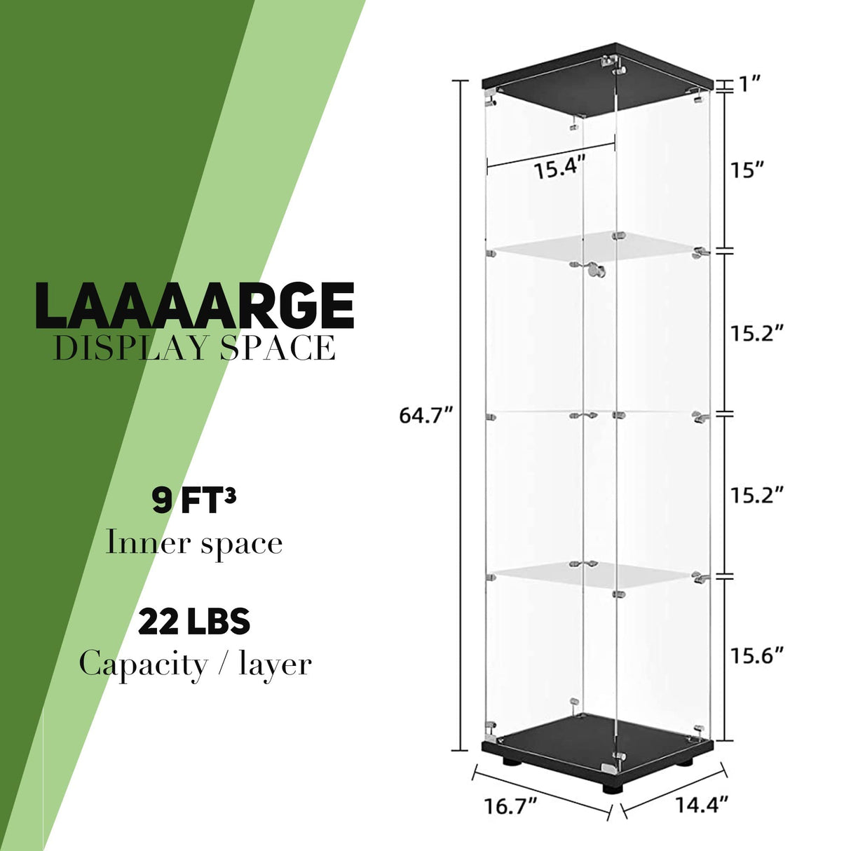 Beauty4U Glass Display Cabinet with 4 Shelves, Curio Cabinets for Living Room, Bedroom, Office, Black Floor Standing Glass Bookshelf, Quick Installation Beauty4U