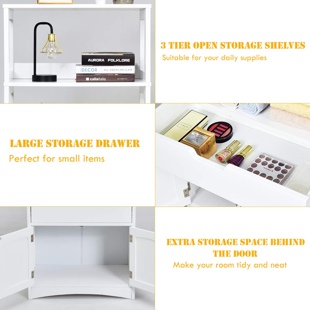 Tangkula Bathroom Floor Cabinet with Drawer, 2 Open Shelves and Door Cupboard, Multipurpose Free Standing Storage Cabinet for Bathroom Kitchen Living Room, 24 x 13 x 48 inch (White) Tangkula