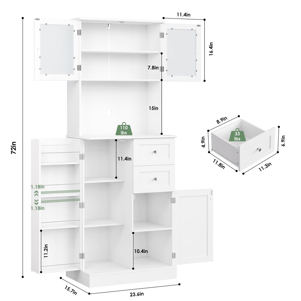 BOTLOG 72" Pantry Cabinet, Tall Storage Cabinet with Microwave Stand, Modern Kitchen Hutch with Glass Doors and Adjustable Shelf for Kitchen, Dining Room, White BOTLOG