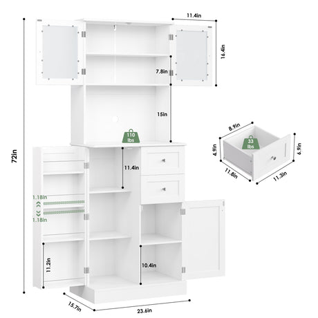 BOTLOG 72" Pantry Cabinet, Tall Storage Cabinet with Microwave Stand, Modern Kitchen Hutch with Glass Doors and Adjustable Shelf for Kitchen, Dining Room, White BOTLOG