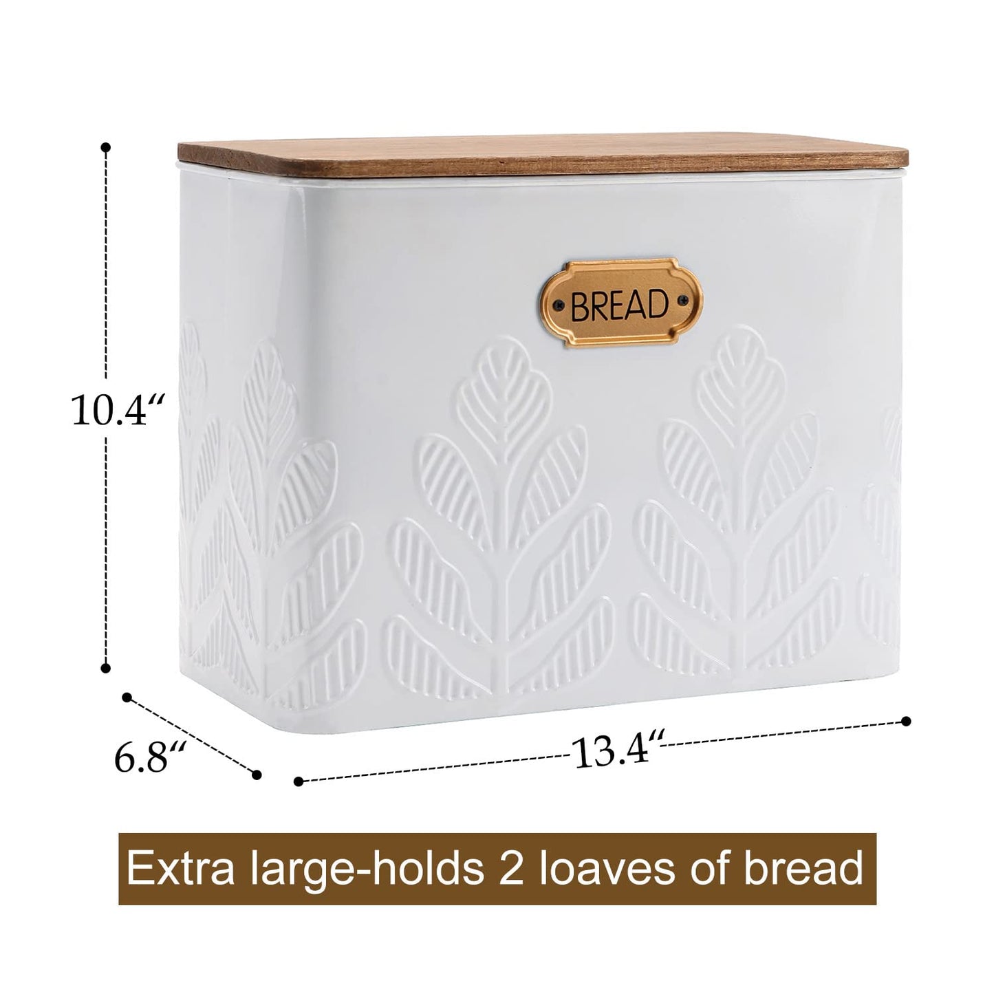 NIKKY HOME Extra Large Space Saving Farmhouse White Bread Box With Bamboo Lid - Holds 2 Loaves - Vertical Breadbox Bread Storage Bin Holder for Kitchen Countertop, Plant Embossed Pattern