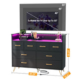 Black Dresser with Power Outlet and LED Lights, Wood 8 Drawer Dresser for Bedroom, Modern Chest of Drawers with Gold Handles and Open Storage Space for Closet, Living Room, Entryway HarmoHaby