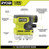 Ryobi USB Lithium Desktop Vacuum Kit with Battery and Charger, Green, FVH67K RYOBI