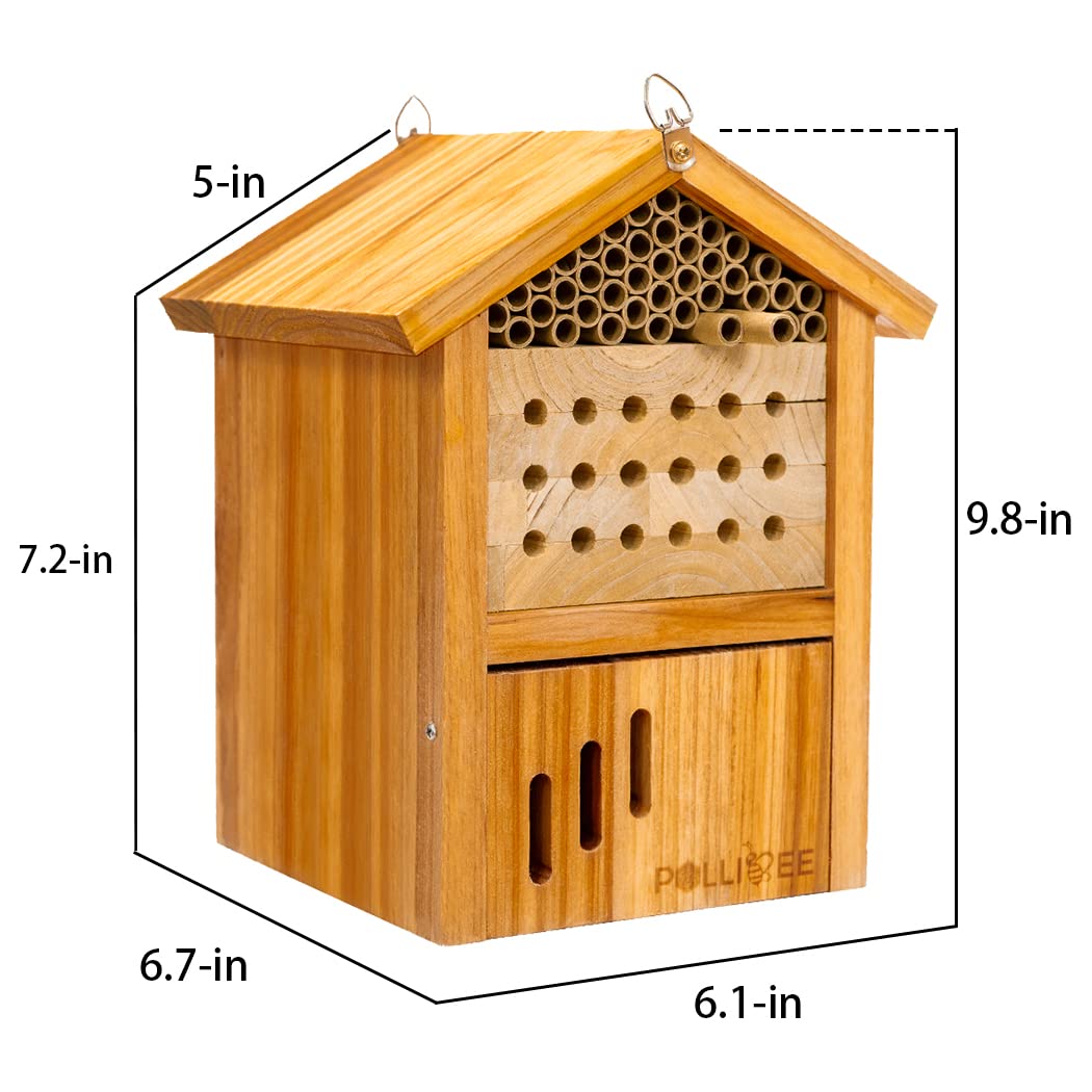 Mason Bee House - Wax Coated Waterproof Hotel for The Garden, Natural Handmade Wooden Home, Attracts Peaceful Pollinators, Native Habitat POLLIBEE