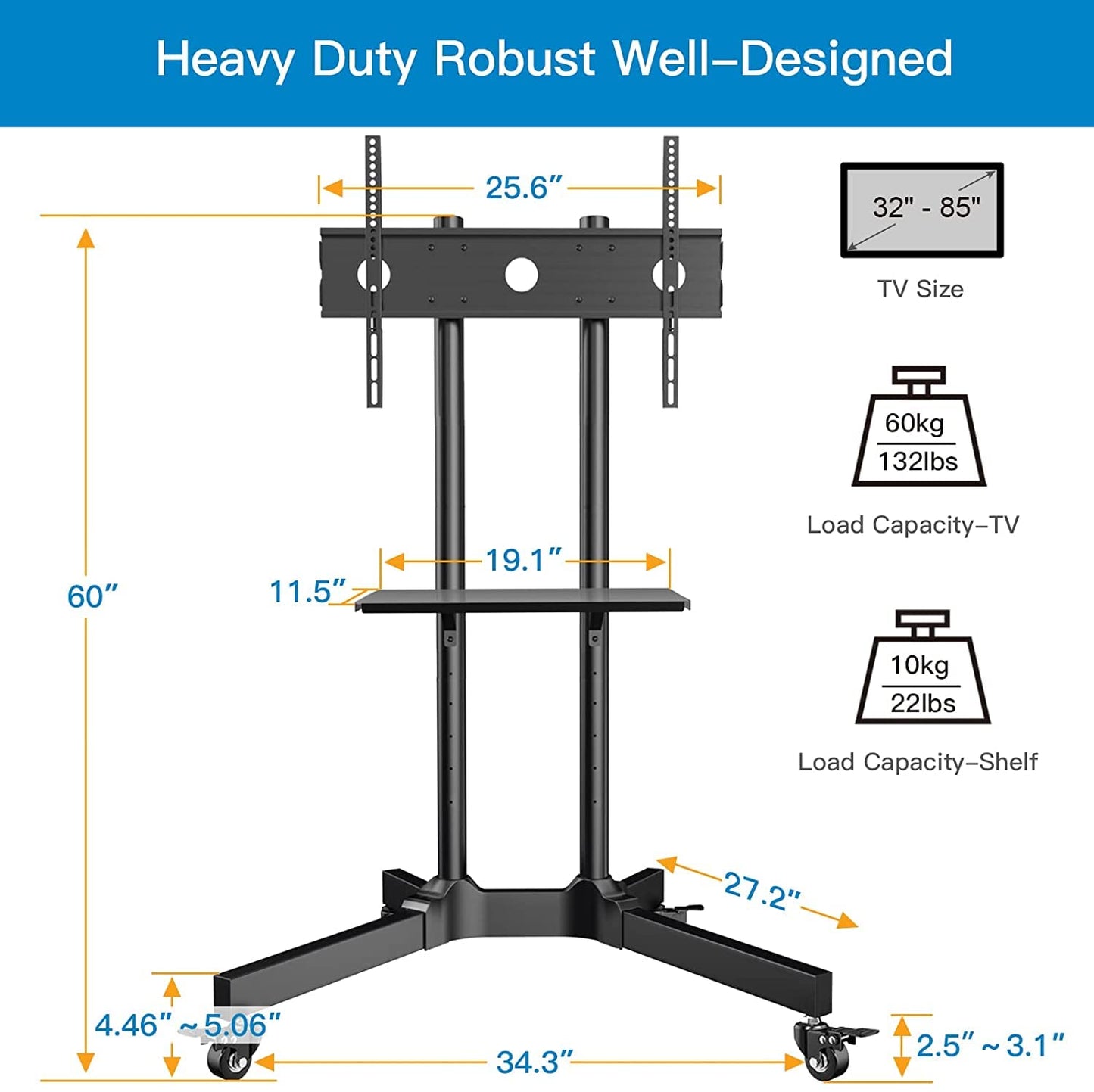 PERLESMITH Rolling TV Stand with Pegboard Storage for 32-85 Inch TVs Holds up to 132 Lbs, Height Adjustable Mobile TV Stand with Laptop Shelf, Portable tv Stand for 4K TVs Max VESA 600x400mm PSTVMC01