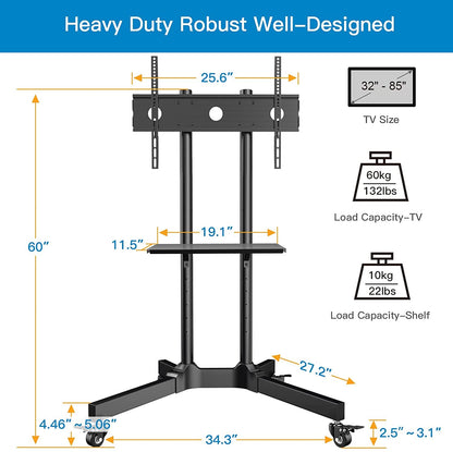 PERLESMITH Rolling TV Stand with Pegboard Storage for 32-85 Inch TVs Holds up to 132 Lbs, Height Adjustable Mobile TV Stand with Laptop Shelf, Portable tv Stand for 4K TVs Max VESA 600x400mm PSTVMC01