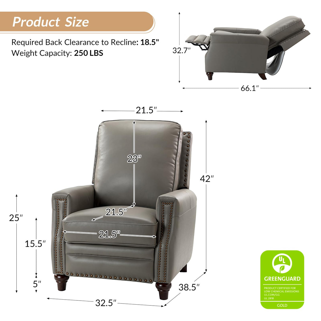 HULALA HOME Genuine Leather Recliner Chair, Classic Push Back Recliner Armchair with Thick Seat and Backrest, Comfy Adjustable Home Theater Single Recliner w/Nailhead Decor for Living Room (Dove) HULALA HOME