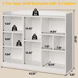 Vabches Kids Cube Bookshelf & Toy Storage Organizer, 3 Tier 10 Storage Cubes with Adjustable Shelf, White Wood Horizontal Cube Bookcase, Book Toy Display Cube Shelf for Kids Room Bedroom Nursery Vabches